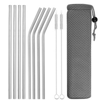Fako Bijoux® - RVS Rietjes Set -  8 Herbruikbare Rietjes - 4 Recht en 4 Gebogen - 21 cm - Duurzaam en Stijlvol - Incl 2 Schoonmaakborstels en Mesh Zakje - Grijs