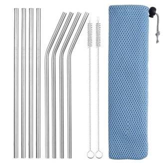 Fako Bijoux® - RVS Rietjes Set -  8 Herbruikbare Rietjes - 4 Recht en 4 Gebogen - 21 cm - Duurzaam en Stijlvol - Incl 2 Schoonmaakborstels en Mesh Zakje - Blauw