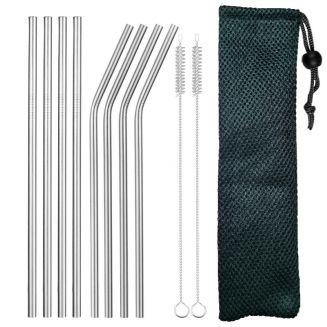 Fako Bijoux® - RVS Rietjes Set -  8 Herbruikbare Rietjes - 4 Recht en 4 Gebogen - 21 cm - Duurzaam en Stijlvol - Incl 2 Schoonmaakborstels en Mesh Zakje - Army Groen