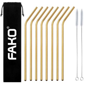 Fako Bijoux® - RVS Rietjes - 8 Stuks - Gebogen - 21 cm - 2 Schoonmaakborsteltjes - Goudkleurig
