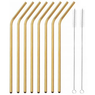 8x RVS rietjes goud met 2 borsteltjes 20 cm - Duurzame, milieuvriendelijke drinkrietjes/rietjes van RVS