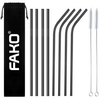 Fako Bijoux® - RVS Rietjes - 8 Stuks - Recht & Gebogen - 21 cm - 2 Schoonmaakborsteltjes - Zwart