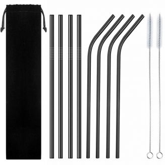 Set van 8 herbruikbare rietjes - 4 recht 4 gebogen - 21 cm - Duurzaam en stijlvol - Incl 2 schoonmaakborstels en bewaarzakje - Zwart