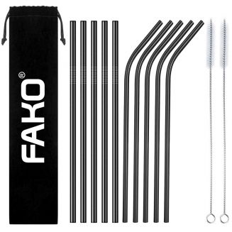Fako Bijoux® - RVS Rietjes - 10 Stuks - Recht & Gebogen - 21 cm - 2 Schoonmaakborsteltjes - Zwart