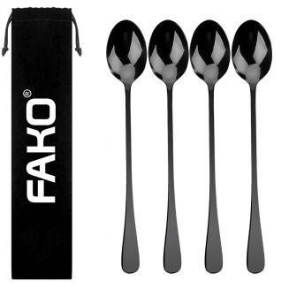 Fako Bijoux® - 4 Lange Lepels - Latte Macchiato - Longdrink - Cocktail - Dessert - IJs - Koffie - Zwart - 4 Stuks - Bewaarzakje