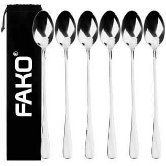 Fako Bijoux® - 6 Lange Lepels - Latte Macchiato - Longdrink - Cocktail - Dessert - IJs - Koffie - Zilver - 6 Stuks - Bewaarzakje