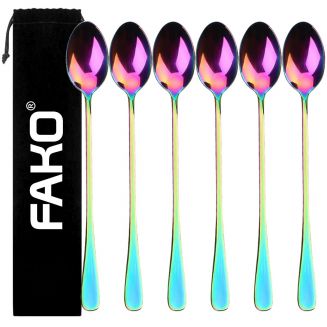 Fako Bijoux® - 6 Lange Lepels - Latte Macchiato - Longdrink - Cocktail - Dessert - IJs - Koffie - Regenboog - 6 Stuks - Bewaarzakje