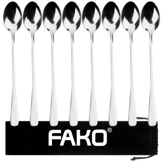Fako Bijoux® - 8 Lange Lepels - Latte Macchiato - Longdrink - Cocktail - Dessert - IJs - Koffie - Zilver - 8 Stuks - Bewaarzakje