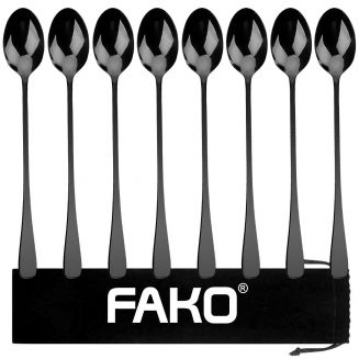 Fako Bijoux® - 8 Lange Lepels - Latte Macchiato - Longdrink - Cocktail - Dessert - IJs - Koffie - Zwart - 8 Stuks - Bewaarzakje