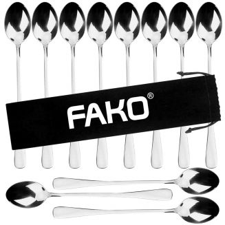 Fako Bijoux® - 12 Lange Lepels - Latte Macchiato - Longdrink - Cocktail - Dessert - IJs - Koffie - Zilver - 12 Stuks - Bewaarzakje