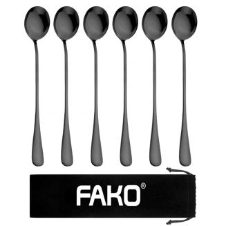 Fako Bijoux® - 6 Lange Ronde Lepels - Latte Macchiato - Dessertlepels - Sorbetlepels - IJslepels - Theelepels - 18.5cm - Zwart