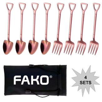Fako Bijoux® - Gebak Bestek - Dessert Bestek - Schep & Hark - Rosé Goud - 4 Sets