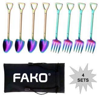 Fako Bijoux® - Gebak Bestek - Dessert Bestek - Schep & Hark - Regenboog - 4 Sets