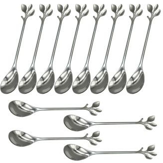 Merkloos - Theelepel - Dessertlepel - Koffielepel - Blaadjes - RVS - Zilverkleurig - 12 Stuks