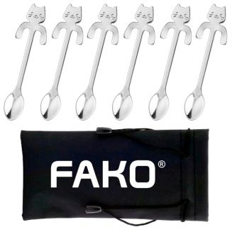 Fako Bijoux® - 6x Theelepel / Koffielepel Hangende Kat - Zilver - 6 Stuks