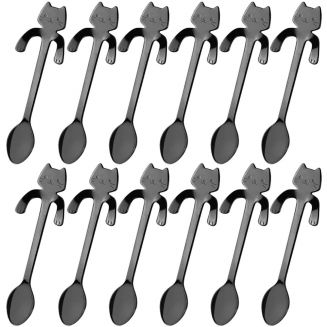 Fako Bijoux® - 12x Theelepel / Koffielepel Hangende Kat - Zwart - 12 Stuks