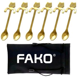 Fako Bijoux® - 6x Theelepel / Koffielepel Hangende Kat - Goud - 6 Stuks