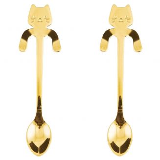 Fako Bijoux® - Theelepel / Koffielepel Hangende Kat - Goudkleurig - 2 Stuks