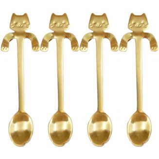 Fako Bijoux® - Theelepel / Koffielepel Hangende Kat - Goudkleurig - 4 Stuks