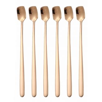 Fako Bijoux® - 6 Lange IJslepels - Vierkante Mini IJslepels - Dessertlepels - Sorbetlepels - Koffielepels - Rosé Goudkleurig - 6 Stuks