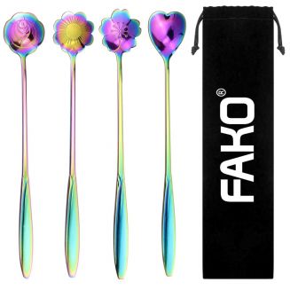 Fako Bijoux® - 4 Lange Lepels Bloem Motief - Latte Macchiato - Longdrink - Cocktail - Dessert - IJs - Koffie - Regenboog - 4 Stuks - Bewaarzakje