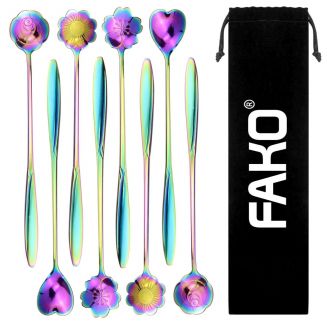Fako Bijoux® - 8 Lange Lepels Bloem Motief - Latte Macchiato - Longdrink - Cocktail - Dessert - IJs - Koffie - Regenboog - 8 Stuks - Bewaarzakje