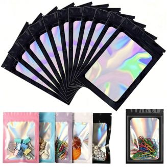 Fako Bijoux® - Zwarte Holografische Folie Zip Lock Zakjes - Mylar Zakken - 7x10cm - Uitdeelzakjes - Transparant - Snoepzakjes - Cadeauzakjes - 100 Stuks