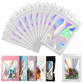 Fako Bijoux® - Witte Holografische Folie Zip Lock Zakjes - Mylar Zakken - 7x10cm - Uitdeelzakjes - Transparant - Snoepzakjes - Cadeauzakjes - 100 Stuks