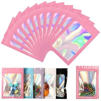 Fako Bijoux® - 50 Roze Holografische Folie Zip Lock Zakjes - Mylar Zakken - 8x13cm - Uitdeelzakjes - Transparant - Snoepzakjes - Cadeauzakjes - 50 Stuks