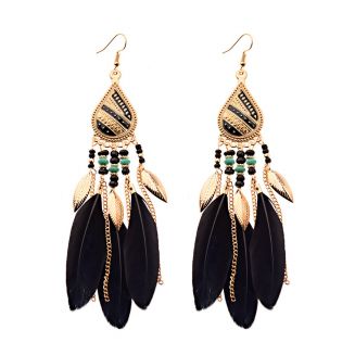 Fako Bijoux® - Oorbellen - Bohemian - Veren, Blaadjes & Kraaltjes - Retro - Zwart