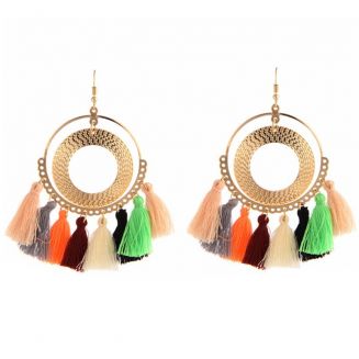 Fako Bijoux® - Oorbellen - Bohemia - Kwastjes Ring Dubbel - Multicolor - Goudkleurig