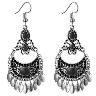 Fako Bijoux® - Oorbellen - Bohemian - Boho Leafs - Zwart - Zilverkleurig