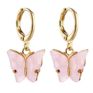 Fako Bijoux® - Minimalistische Oorbellen - Vlinder Met Acryl - Ring Oorbellen - Goudkleurig - Roze