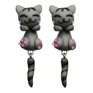 Fako Bijoux® - Oorbellen - Dansende Kat - Grijs/Roze