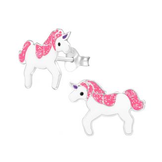 Fako Bijoux® - Kinderoorbellen - 925 Zilver - Eenhoorn - Unicorn - 15x11mm - Roze Glitter