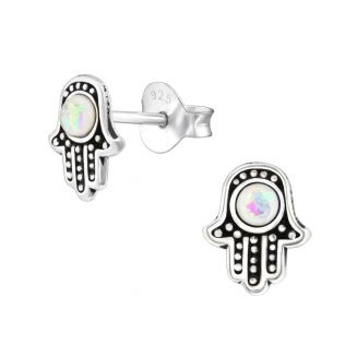 Fako Bijoux® - Kinderoorbellen - 925 Zilver - Hamsa Handje - Opaal - 6x8mm - Zilverkleurig