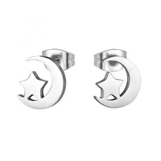Fako Bijoux® - Oorbellen - Steker - RVS - Stainless Steel - Halve Maan Met Ster