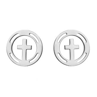 Fako Bijoux® - Oorbellen - Steker - RVS - Stainless Steel - Kruisje In Ring - Zilverkleurig