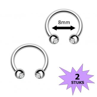 Fako Bijoux® - Circular Barbell Piercing - Hoefijzer Kristal Duo - 8mm - Wit - 2 Stuks
