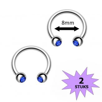 Fako Bijoux® - Circular Barbell Piercing - Hoefijzer Kristal Duo - 8mm - Donkerblauw - 2 Stuks