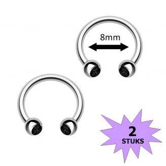 Fako Bijoux® - Circular Barbell Piercing - Hoefijzer Kristal Duo - 8mm - Zwart - 2 Stuks