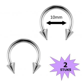 Fako Bijoux® - Circular Barbell Piercing - Hoefijzer Spike - 10mm - Zilverkleurig - 2 Stuks