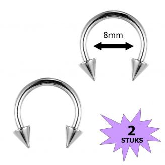 Fako Bijoux® - Circular Barbell Piercing - Hoefijzer Spike - 8mm - Zilverkleurig - 2 Stuks