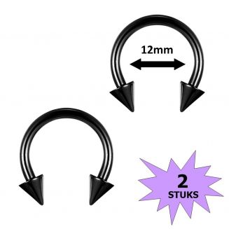 Fako Bijoux® - Circular Barbell Piercing - Hoefijzer Spike - 12mm - Zwart - 2 Stuks