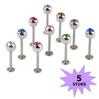 Fako Bijoux® - Labret Piercing - Kristal - 4mm - Set - 5 Stuks