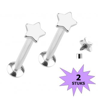 Fako Bijoux® - Labret Piercing - Ster - 3.5mm - Zilverkleurig - 2 Stuks