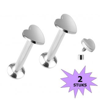 Fako Bijoux® - Labret Piercing - Hart - 3.5mm - Zilverkleurig - 2 Stuks