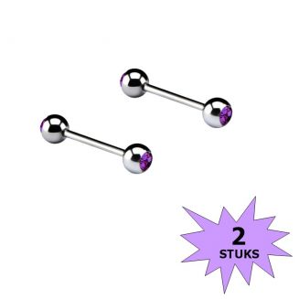 Fako Bijoux® - Barbell Piercing - Kristal - 12mm - Paars - 2 Stuks