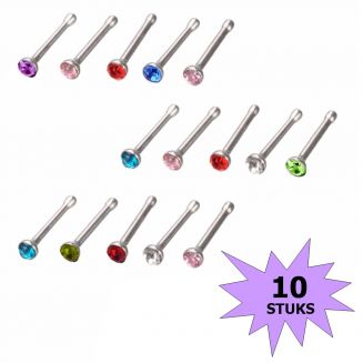 Fako Bijoux® - Neuspiercing - Staafje Kristal - 1.8mm - Gekleurd - 10 Stuks