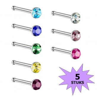 Fako Bijoux® - Neuspiercing - Staafje Kristal - 3.0mm - Gekleurd - 5 Stuks